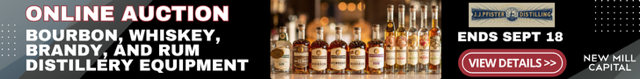 Banner for an online auction of bourbon, whiskey, brandy, and rum distillery equipment, ending Sept 18.
